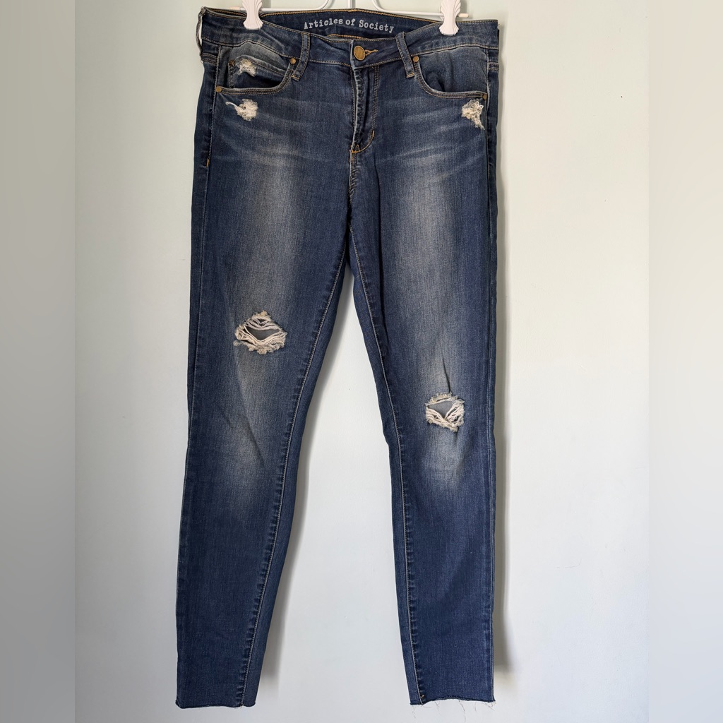 Articles Of Society Blue Distressed Skinny Jeans Raw Hem Size 28